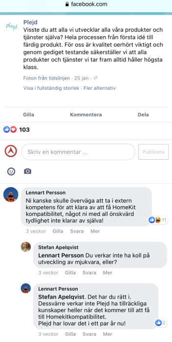 Skärmdump från en Facebook-sida med en diskussionstråd om ett företags produktutveckling och HomeKit-kompatibilitet.