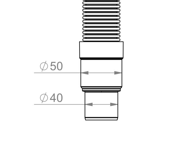 Teknisk ritning av ett vattenlås med dimensioner markerade, 50mm övergång till 40mm.