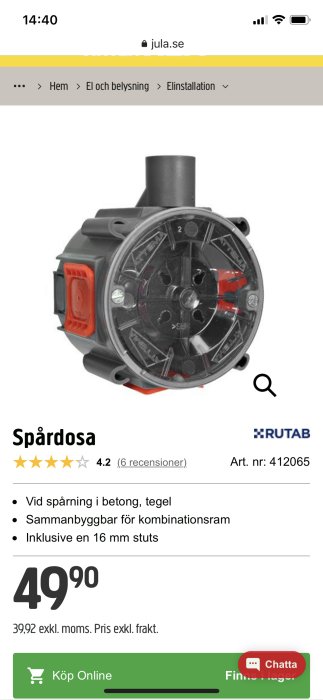 En spårdosa med en 16 mm stuts syns på mobilvisning av en e-handelssida.