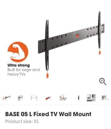 Vogel's BASE 05 L Fixed TV Wall Mount för stora TV-apparater, product size XL visas i en produktannons.