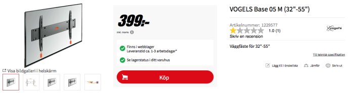 Produktbild av Vogels TV-väggfäste Base 05 M med prisinformation och köpknapp på en återförsäljares hemsida.
