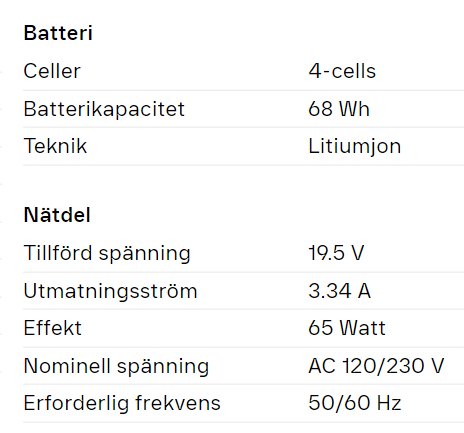 Specifikationer för batteri och nätdel till Dell Latitude 5400, inklusive spänning och effekt.