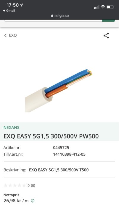 Skärmdump från Selga hemsida som visar Nexans EXQ EASY 5G1,5 300/500V kabel, pris 26,98 kr/m.