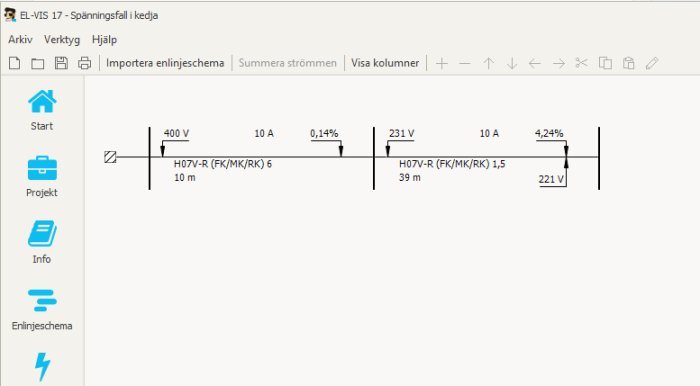 Skärmbild av en elberäkning i programmet EL-VIS som visar spänningsfall för huvud- och gruppledning.