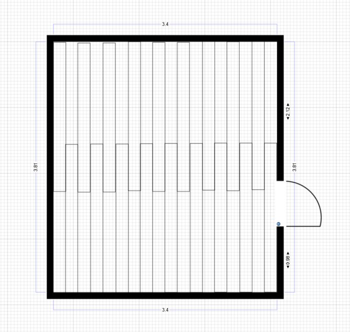 Skiss av ett rum med planerad läggning av långa trägolvplankor och mätangivelser.