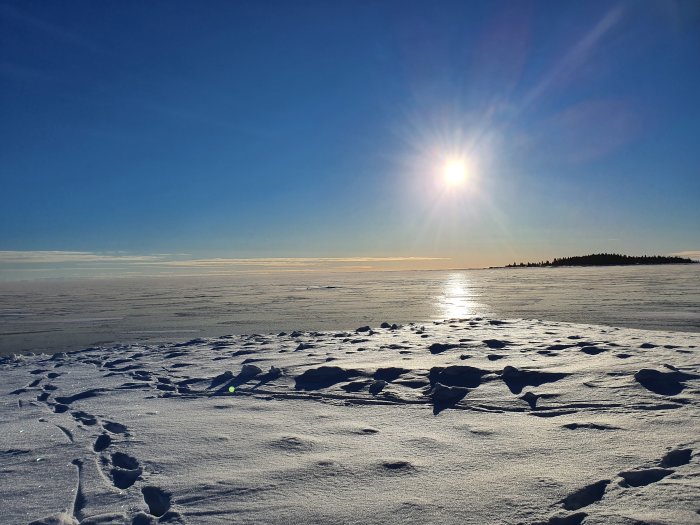 Sol över snötäckt Norrlandskust med frusen havsyta och fotspår i förgrunden.