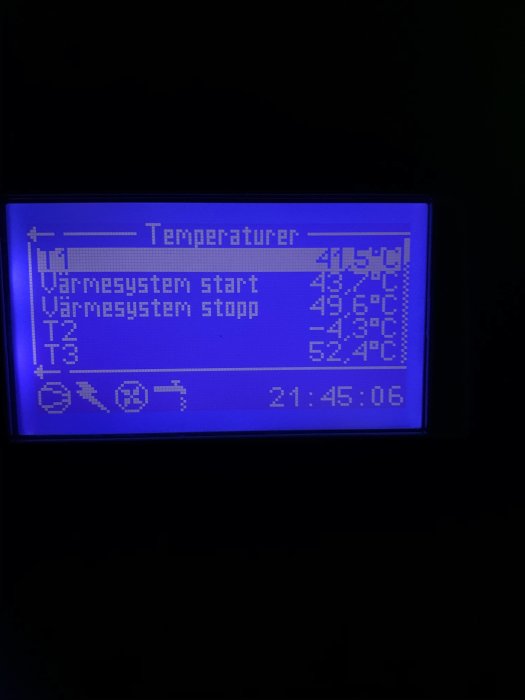 Digital display visar temperaturinställningar för uppvärmningssystem med olika värden och klockslag.