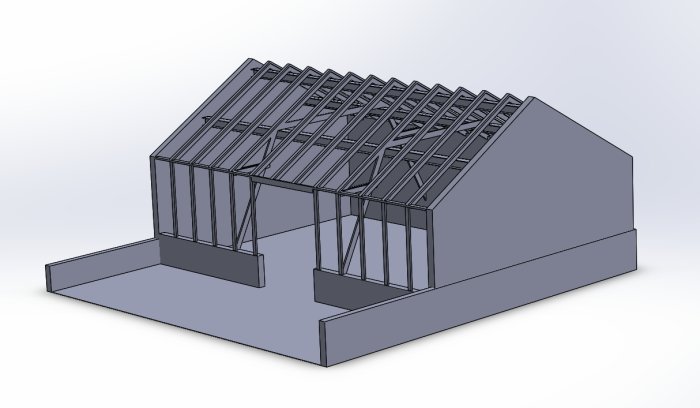 3D-ritning av en byggnadskonstruktion med detaljerade takbalkar och murverk, utan fönster, i skala.