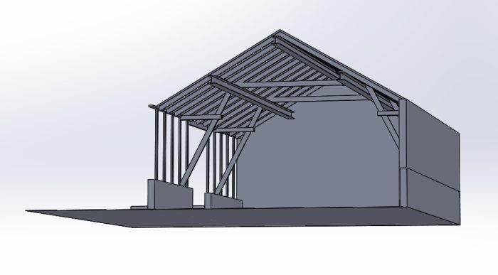 3D-ritning av byggnadskonstruktion med takstolar och murverk utan fönster.