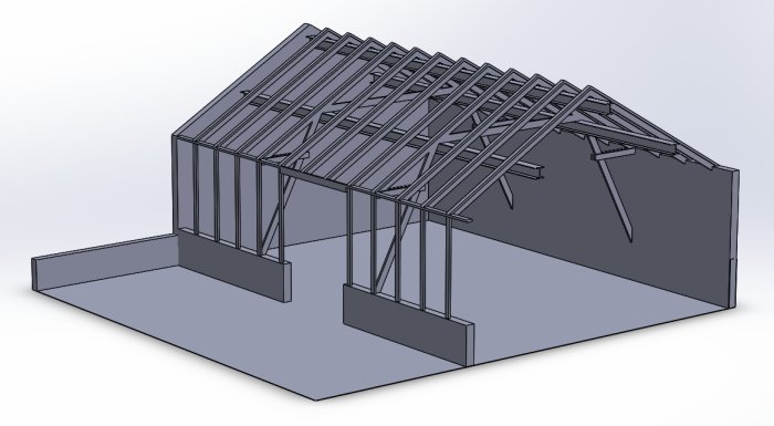 3D-ritning av en stomme till ett byggnadsprojekt med takstolar och murverk utan fönster.