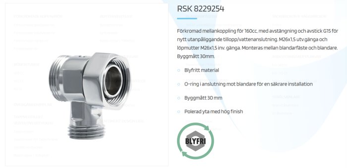 Modern förkromad mellankoppling för blandare märkt med RSK-nummer, blyfri och polerad finish, M26 anslutning.