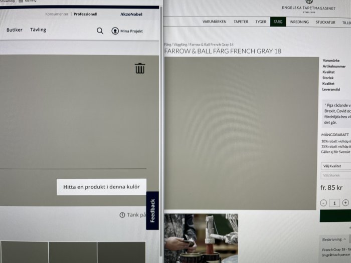 Skärmbild med jämförelse av färgnyanser på två olika skärmar, en markerad med "Farrow & Ball Färg French Gray 18".