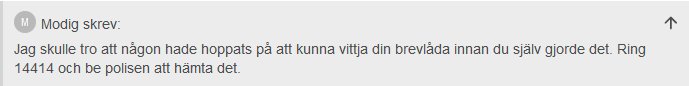 Skärmdump av ett foruminlägg som diskuterar felvända nummer i kontexten av en brevlåda och kontakt med polisen.