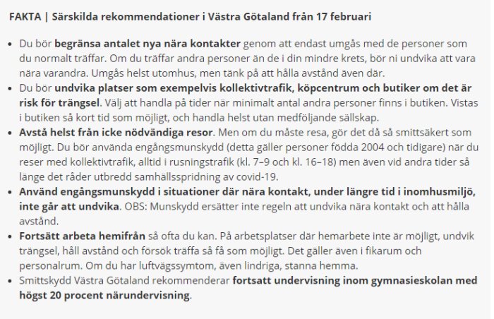 Textdokument med särskilda rekommendationer i Västra Götaland angående begränsade kontakter och munskyddsanvändning under pandemin.
