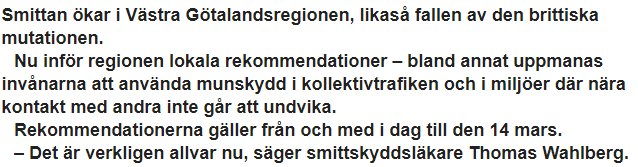 Text om rekommendationer för munskydd i Västra Götalandsregionen på grund av ökad smitta.