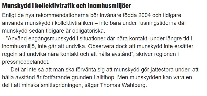 Skärmdump av en artikel om nya rekommendationer för användning av munskydd i kollektivtrafik och inomhusmiljöer.