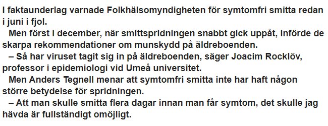 Skärmdump av en nyhetsartikel om symptomfri smitta och Folkhälsomyndighetens agerande, med citat från experter.
