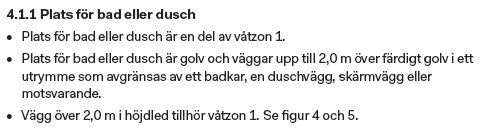 Textutdrag som definierar våtzon 1 i badrum med anvisningar om golv och vägghöjd.