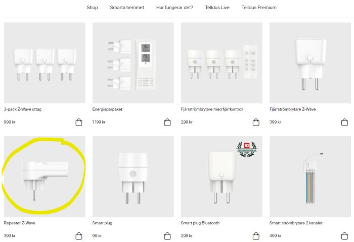 Repeater Z-Wave i vit design för smarta hemsystem, markerad med gult.