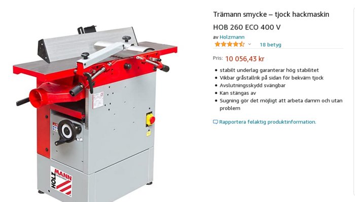 Röd och grå Holzmann tjocklekshövl och hyvelmaskin modell HOB 260 ECO med säkerhetsfunktioner och spånutsug.