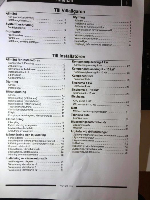 Bild på ett pappersdokument med innehållsförteckning för en installationsmanual, märkt "Till Villaägaren" och "Till Installatören".