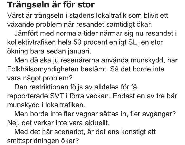 Skärmdump av en artikel som diskuterar trängsel inom Stockholms lokaltrafik och användning av munskydd.