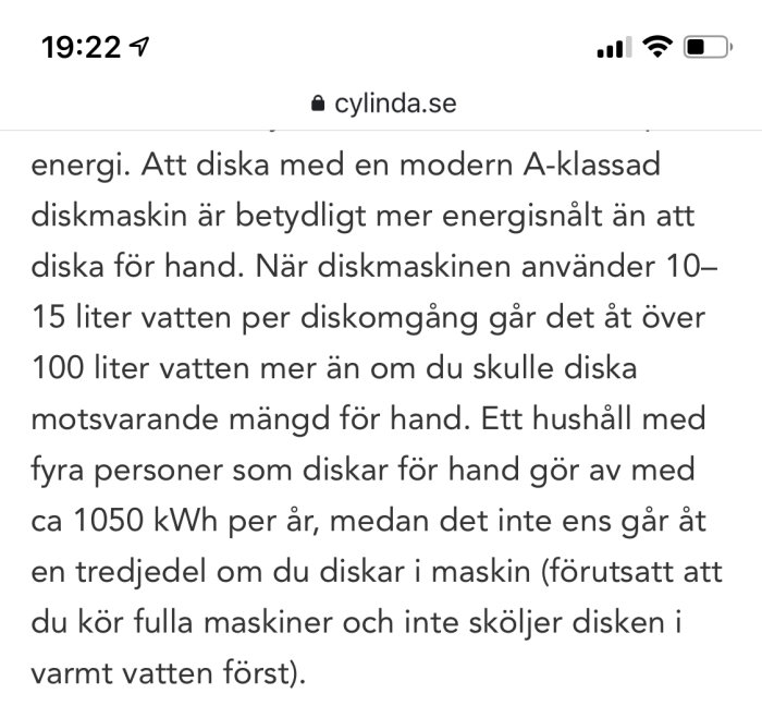 Skärmdump av diskussion om energi- och vattenbesparing med diskmaskin från cylinda.se