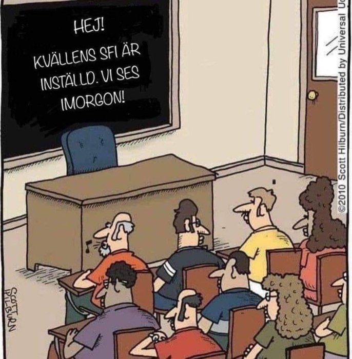 Tecknad bild av människor i ett klassrum som tittar på en tavla med meddelandet att lektionen är inställd.