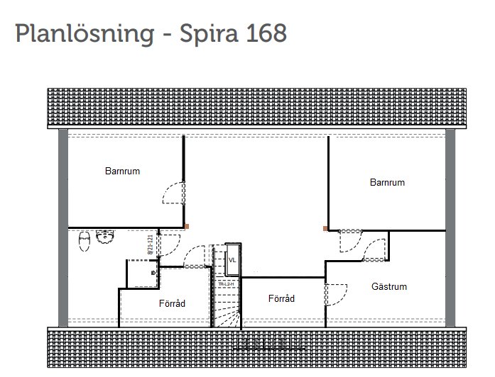 Skiss av planlösning för huset Spira 168 med två barnrum, gästrum och förrådsutrymmen, samt bärande stolpar markerade i brunt.