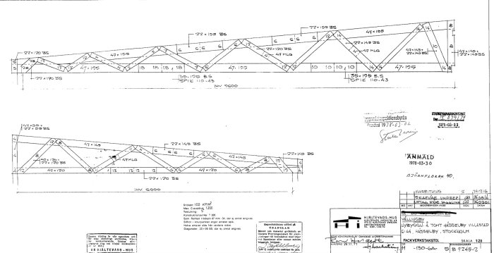 Byggnadsteknisk ritning av takstolar med dimensioner och vinklar, och datumstämpel från 1975.