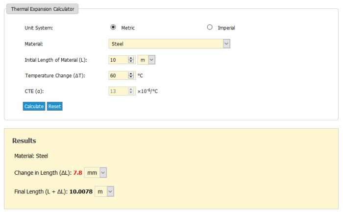 Skärmdump av en termisk expansionskalkylator som visar beräkningen av stålets längdförändring vid upphettning.
