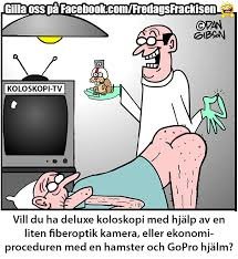 Illustration av en karikatyr där en läkare håller en hamster och en GoPro kamera bredvid en patient förberedd för koloskopi.