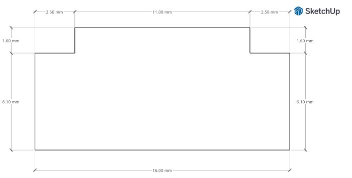 Ritning i SketchUp av en skena till bordssåg med exakta måttangivelser.