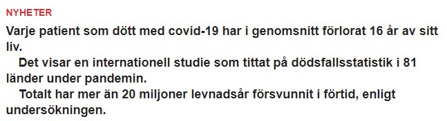 Nyhetsartikel som belyser studie om förlorade levnadsår på grund av covid-19 med statistik från 81 länder.