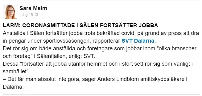 Skärmdump av en nyhetsartikel från Expressen om coronasmittade anställda i Sälen som fortsätter jobba.