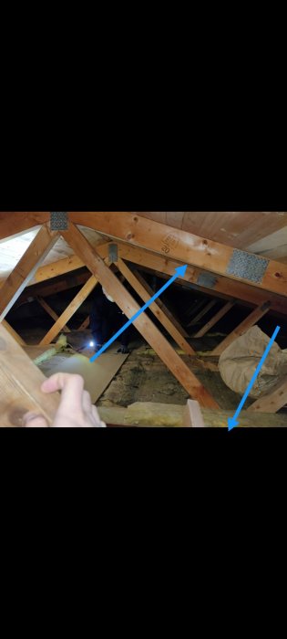 Takstolar i husvind med blåa pilar som markerar mätpunkter för dimensioner på träbalkar.