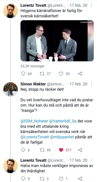 Skärmdump från Twitter med diskussion om kärnsäkerhet där två personer samtalar.