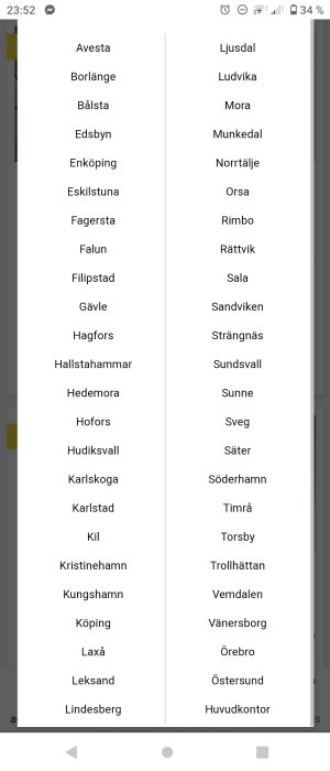 Skärmdump med lista över svenska orter, Vänersborg markerad som södra punkt för en 'mas' från norr.