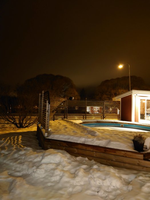 Nattbild på snöklädd trädgård med pool och lysande kattögon i mitten.