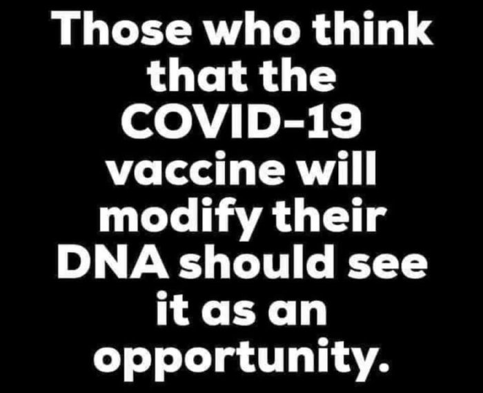 Text på svart bakgrund som diskuterar COVID-19-vaccin och DNA-modifiering.