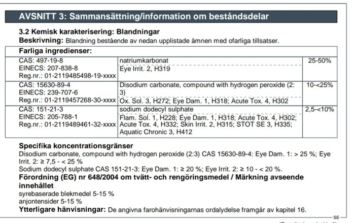 Utdrag från säkerhetsdatablad som visar kemikaliesammansättning och farliga ingredienser inklusive natriumkarbonat och natriumperkarbonat.