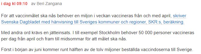 Skärmdump av foruminlägg om vaccinationsmål, med text som diskuterar behovet av vaccinationsinsats i Sverige.