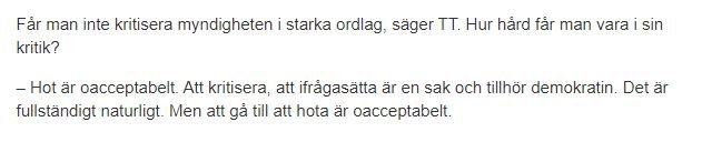 Skärmdump av nyhetsartikel med text om kritik och demokrati.