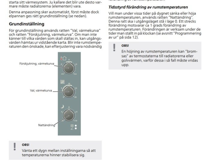 Instruktionsbild som visar rattar för grundinställning, förskjutning och nattminskning av värme.