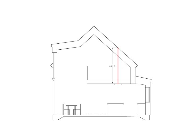 Arkitektonisk sektionsritning av ett hus som visar ett förslag på köksfläktskanalering i rött.