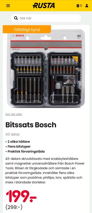 Bitssats från Bosch med 43 delar inklusive snabbtyteshållare, färgkodade bits och en praktisk förvaringslåda.