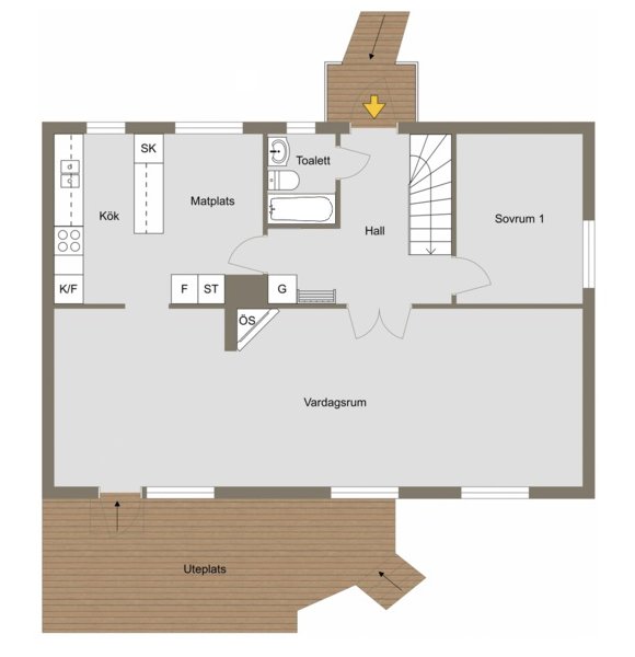 Enkelt planritning av ett hus med kök, toalett, sovrum, vardagsrum och uteplats.