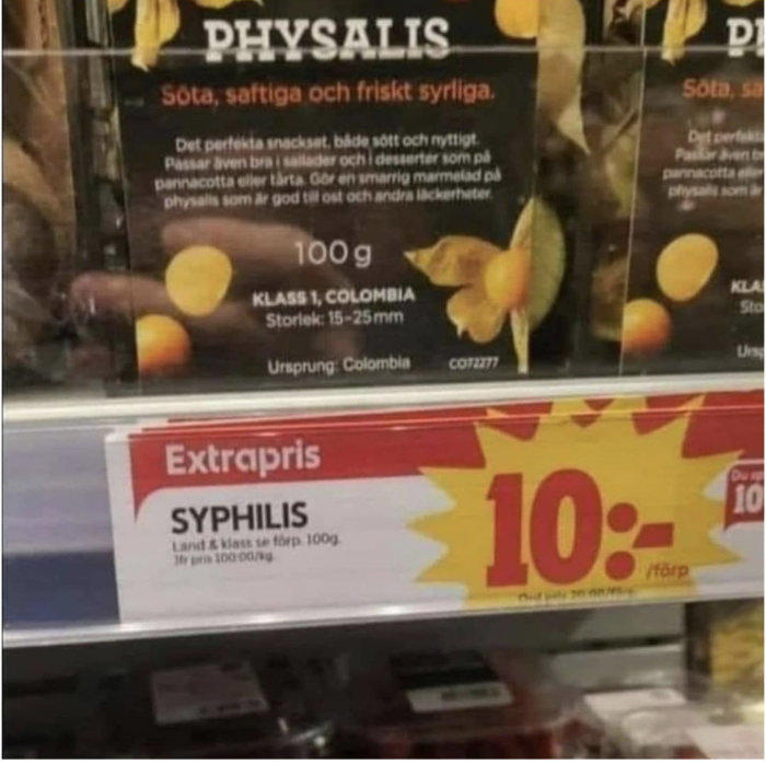 Förpackning av Physalis frukt med beskrivning och pris, felaktig etikett med ordet "Syphilis" istället för Syphysalis.