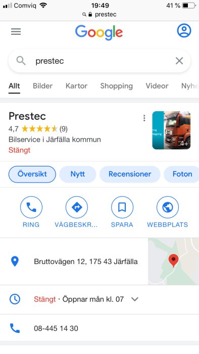 Skärmdump av Google-sökningsresultat för Prestec med betyg, adress i Järfälla och kontaktinformation.