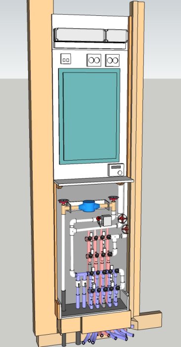3D-modell av ett teknikskåp med värmestyrning, elcentral, vattenmätare, vattenfelsbrytare och vattenfördelare.